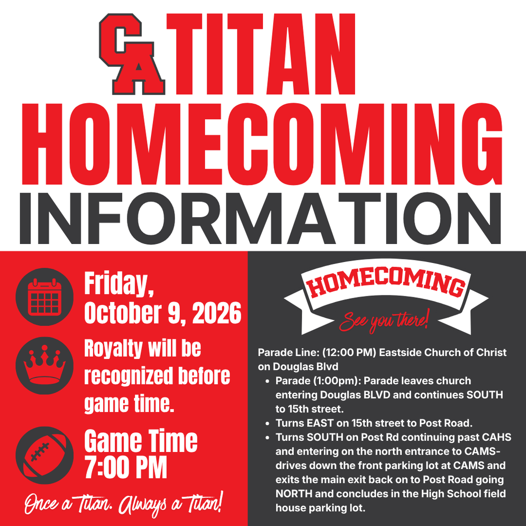 A poster with text and icons in red and black colors. It contains information about the homecoming event.