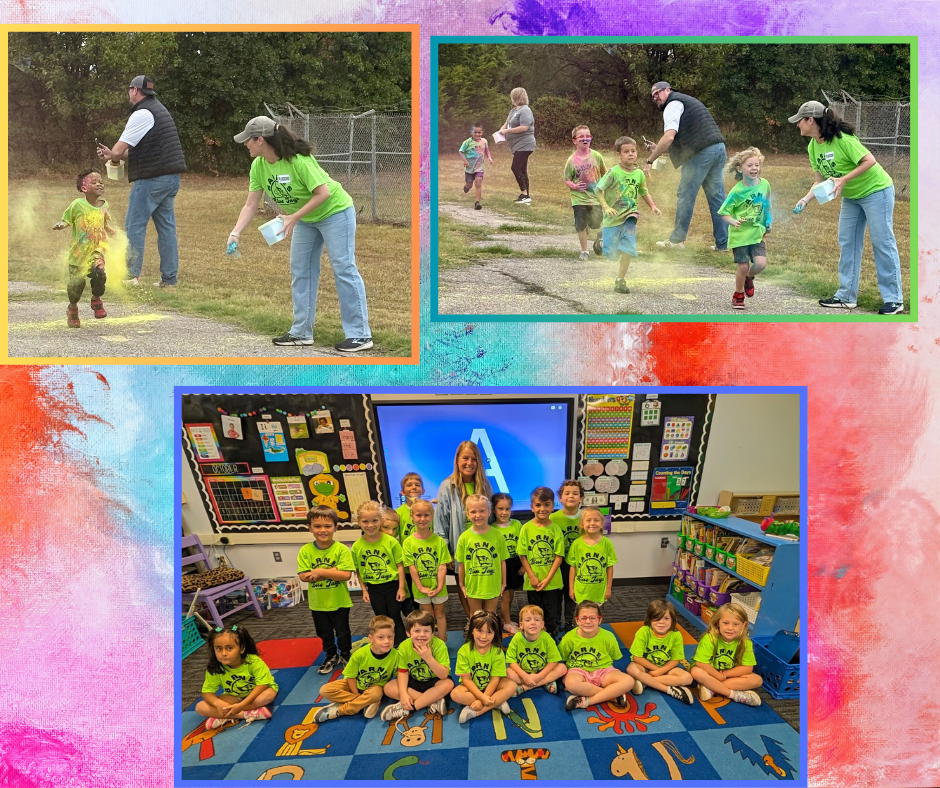 Multiple photos show children in green shirts and adults in similar colors, engaging in a yellow powder activity outdoors and a group photo inside.