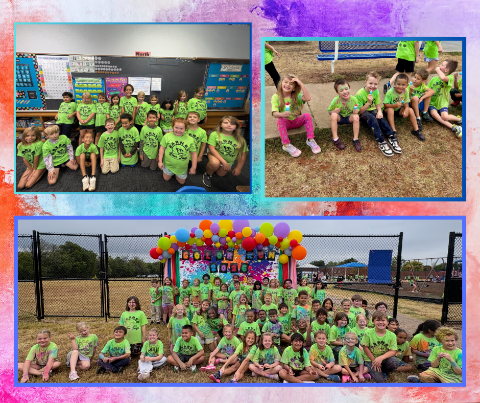 Collage of three photos: group inside a classroom, children in green shirts outdoors, and a festive setup with balloons.