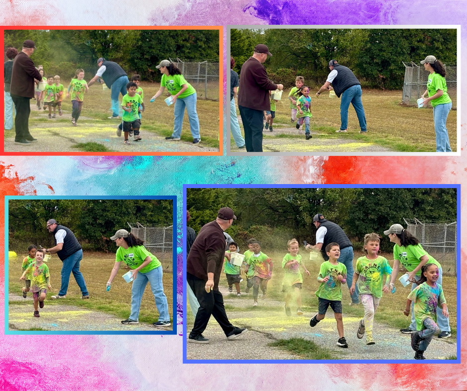 Four images show adults and children in green shirts running and throwing yellow powder. Trees and a fence in background.