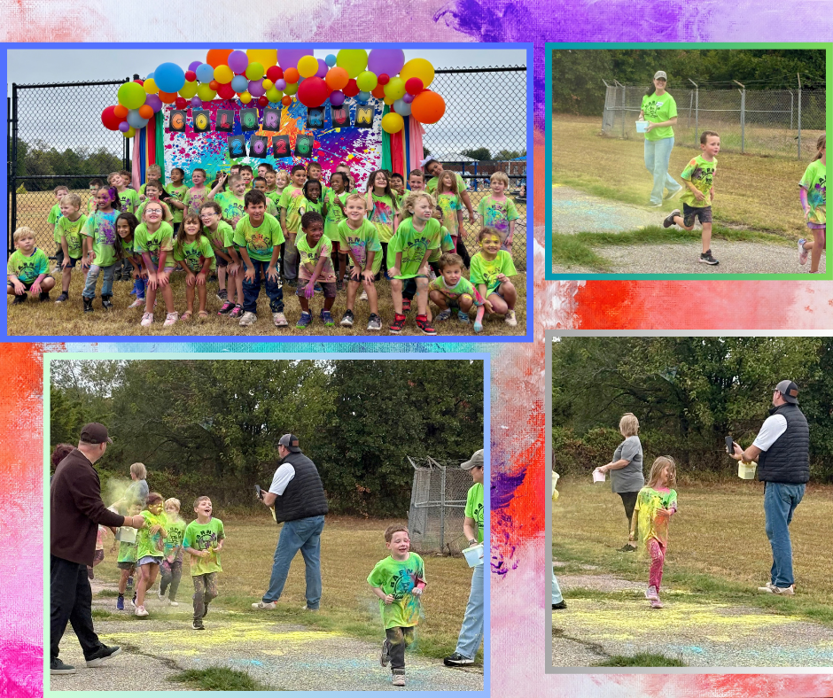 A collage of three images of a children's run event. Colorful balloons, participants in green shirts, and adults cheering.