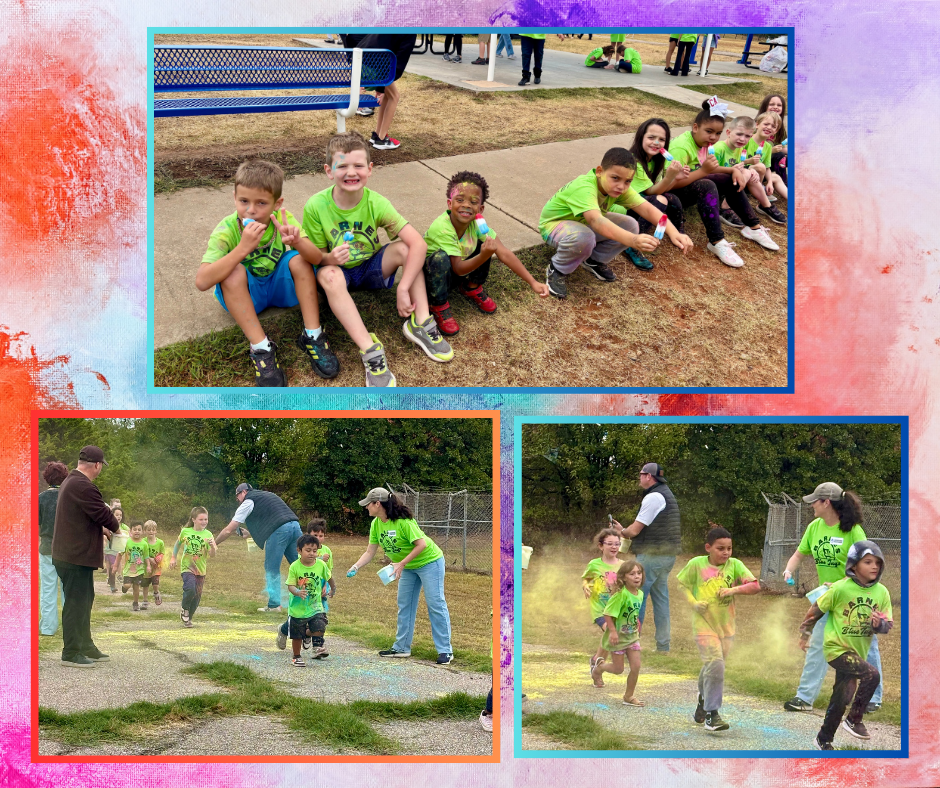 Three photos: kids in green shirts sit on a bench, children run on a field, and children run in a yard.