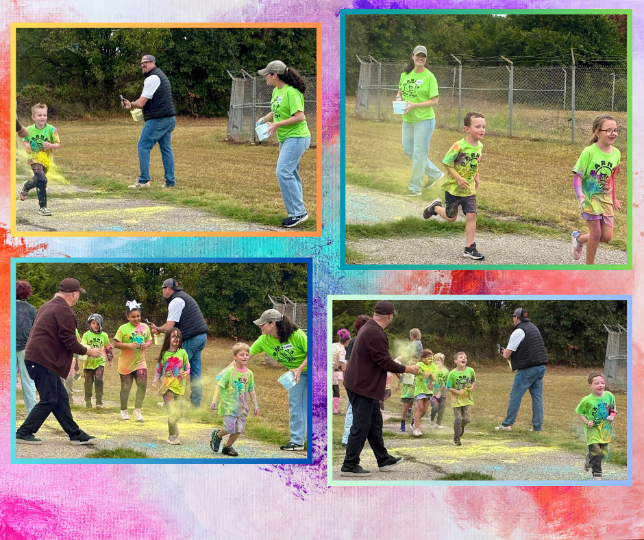 Four photos of people in bright clothing. Some are holding or throwing colored powder. Background includes a grassy area and a fence.