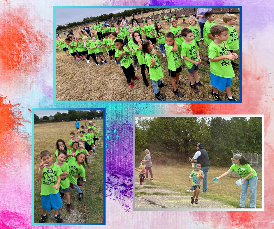 Three photos of children in green shirts outdoors. One image shows a large group; another shows children running; another shows a woman handing out water.