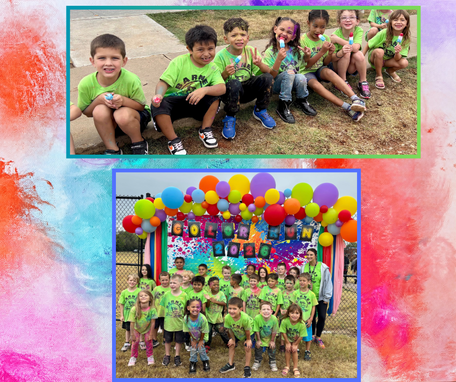 Two images: kids in green shirts, one with ice cream, another with balloons in front of a colorful backdrop.