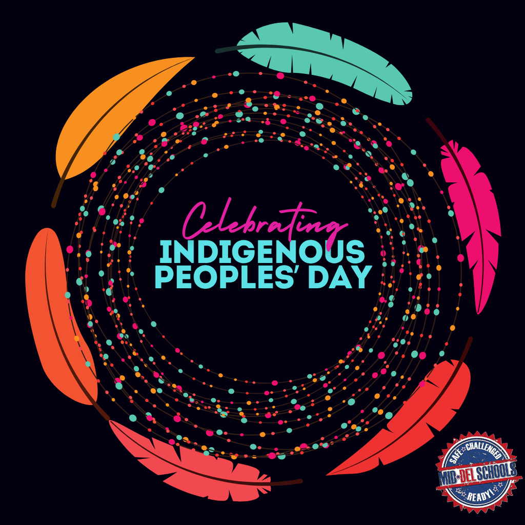 Circular design with multicolored feathers and dots, celebrating Indigenous Peoples' Day. Bold text in center.