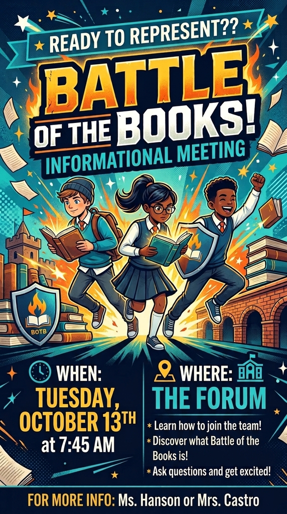 Banner shows three children running with books, one holding a shield. Words "Ready to Represent? Battle of the Books!" appear. Background is a school with open book.