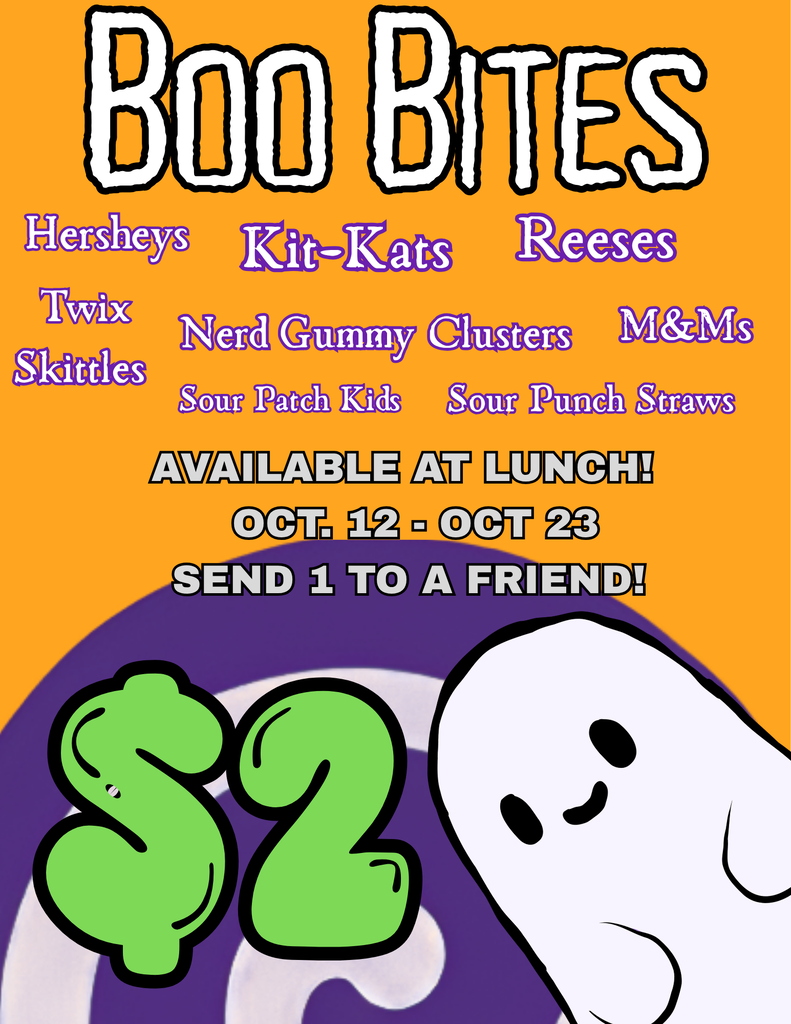 An orange poster lists various candies, including Kit-Kats and Hersheys, for sale. The poster has a ghost and the words "BOO BITES".