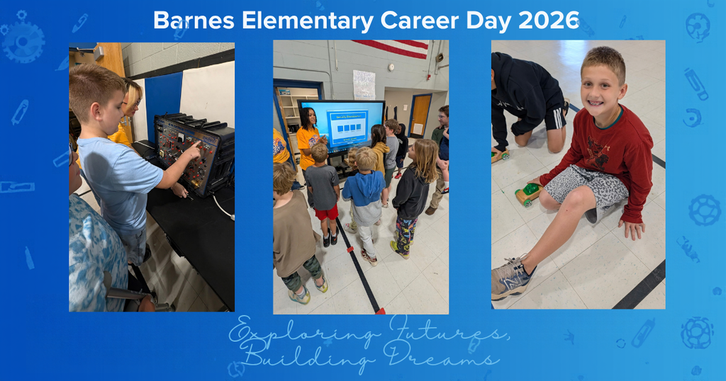 Three photos show children engaging in activities at Barnes Elementary Career Day 2026. A boy operates a computer, children walk, and another boy sits on the floor.