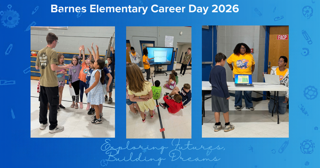 Three photos showing various activities during Barnes Elementary Career Day 2026. Activities include students and adults in a classroom.