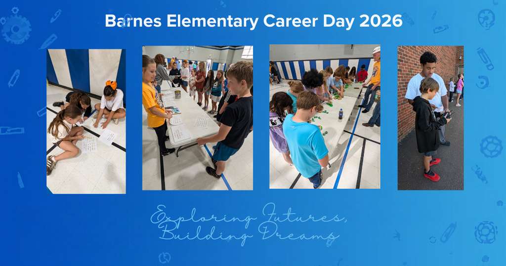 A collage of four images from Barnes Elementary Career Day 2026. Children engage in activities, one standing at a table.