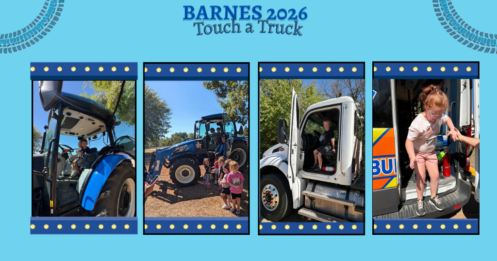 Four collage images show tractors and trucks. A child stands on a truck. Another child is in the tractor.