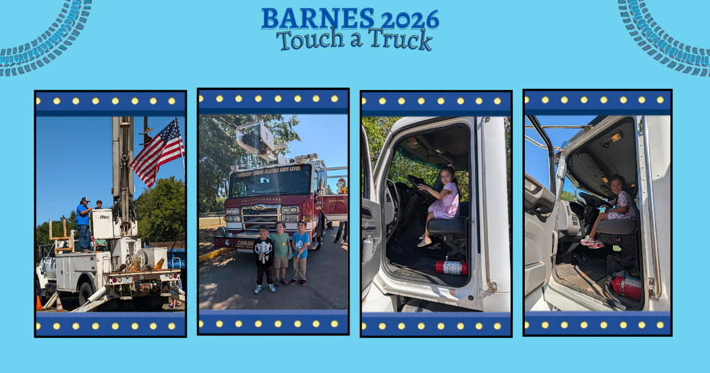 Four images show a fire truck, a utility vehicle, and children touching vehicles, on a blue background with "BARNES 2026 Touch a Truck" at top.
