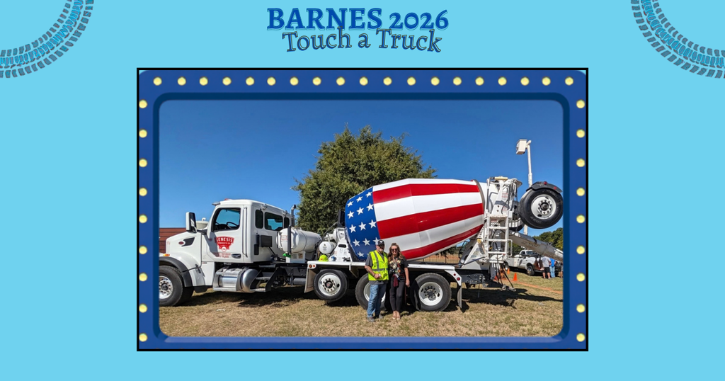 Two people stand by a cement mixer on a blue background with text reading "BARNES 2026 Touch a Truck".