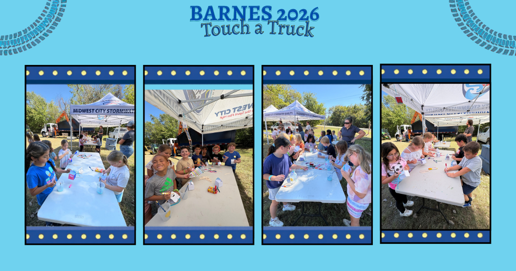 Four overlapping photos of children sitting at tables under canopies. Each photo shows different children.