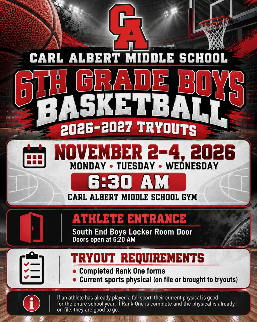Poster for 6th grade boys basketball tryouts at Carl Albert Middle School. Dates are Nov 2-4, 2026. Doors open at 6:30 AM.