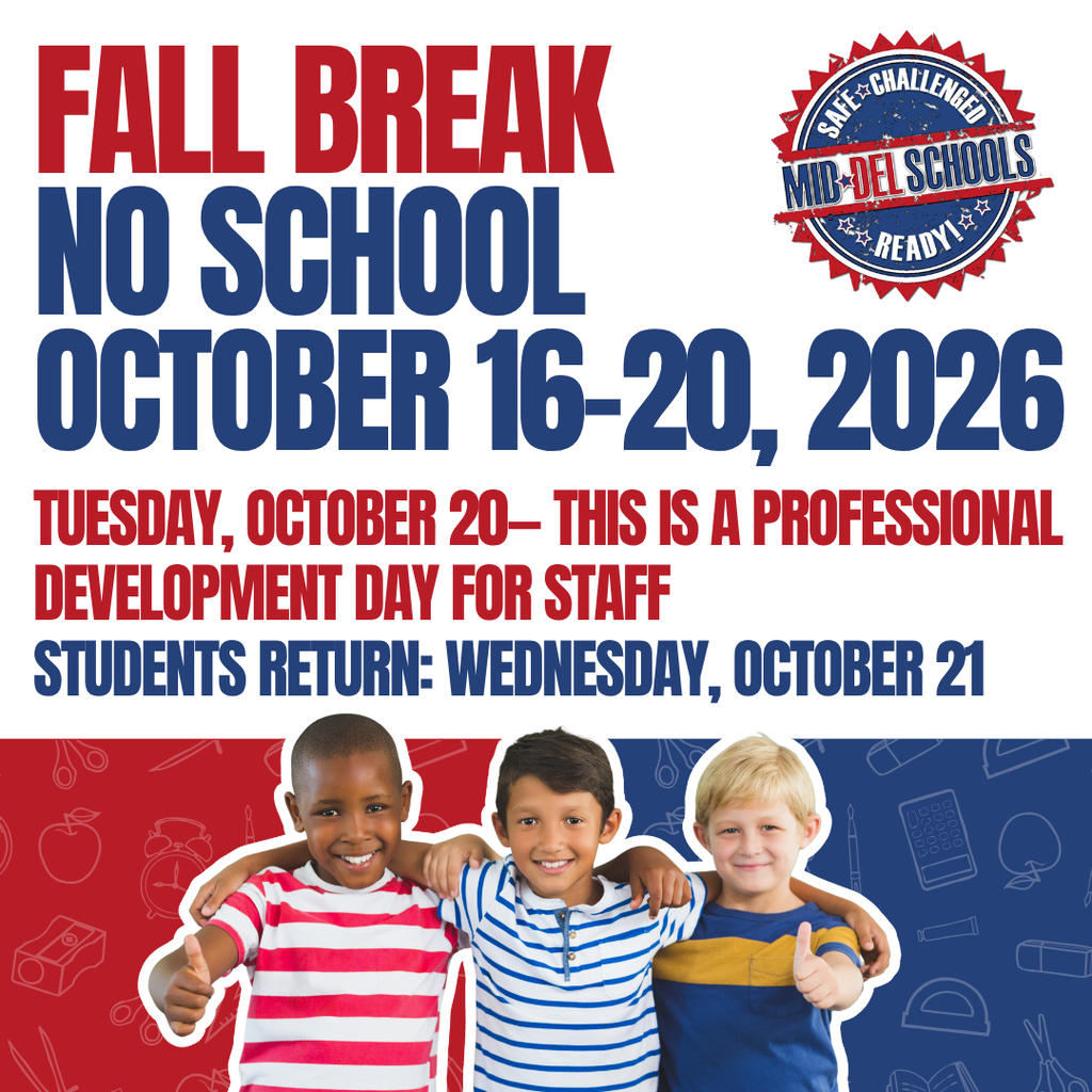 Three children with thumbs up stand together on a poster. "Fall Break" is at top. Dates below.
