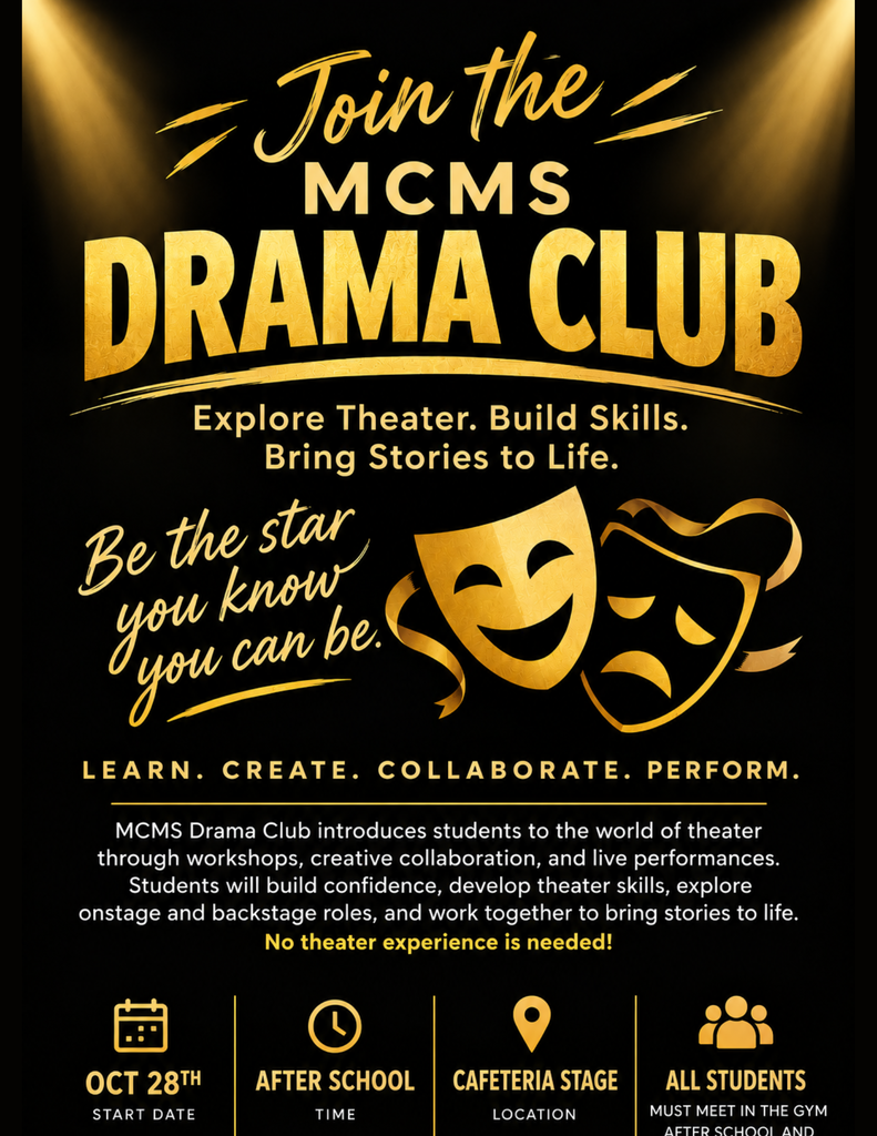 Black backdrop with white text and golden-themed design. It promotes the drama club, inviting students to explore theater.