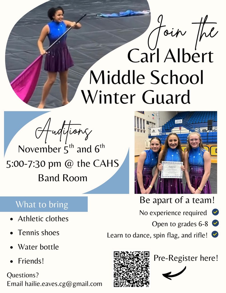 Auditions are on November 5th and 6th from 5:00-7:30 in the CAHS band room. Be sure to pre-register with the QR code or link below. We’re so excited to see you!
https://docs.google.com/forms/d/e/1FAIpQLScHYTZzgKDJjZpYAv010CVOUnJUKZ3ziSkEOo47FEFgIbTi2g/viewform?usp=dialog