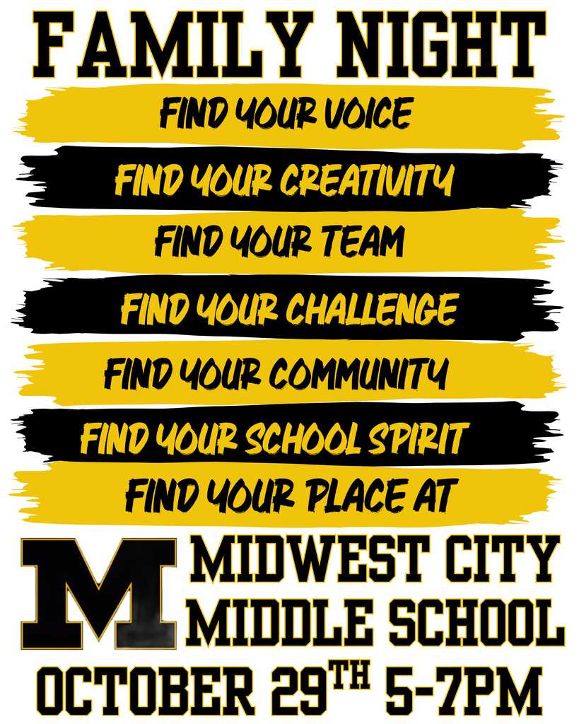 Poster for Family Night at Midwest City Middle School. Bold text on a yellow and black striped background.