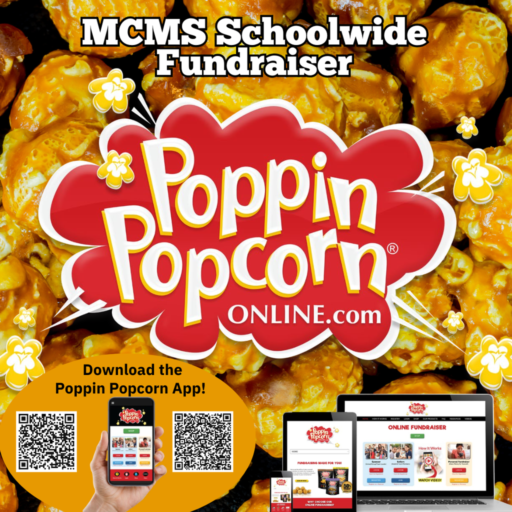 A bright advertisement for a fundraiser. Poppin Popcorn logo and website. Text prompts for downloading an app. QR codes.