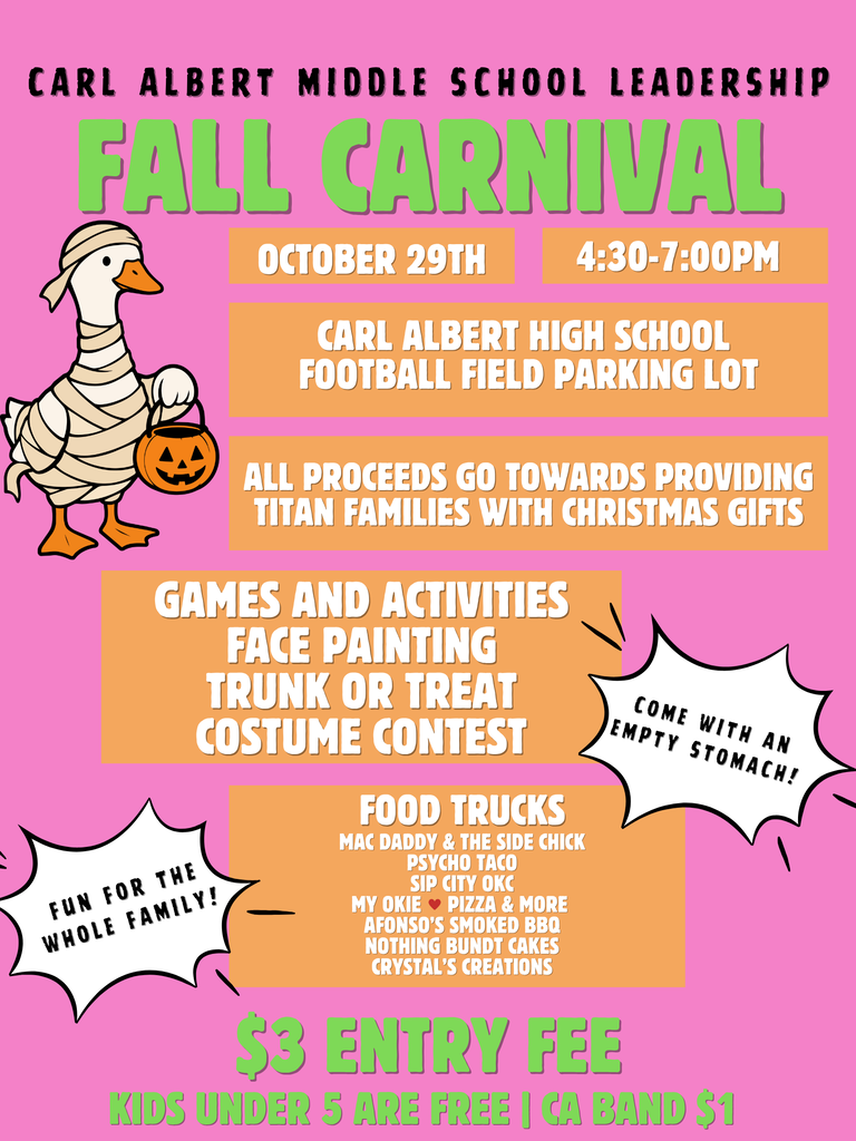 Pink poster with a duck holding a pumpkin. Text reads: Fall Carnival, Oct. 29, 4:30-7pm, $3 entry.