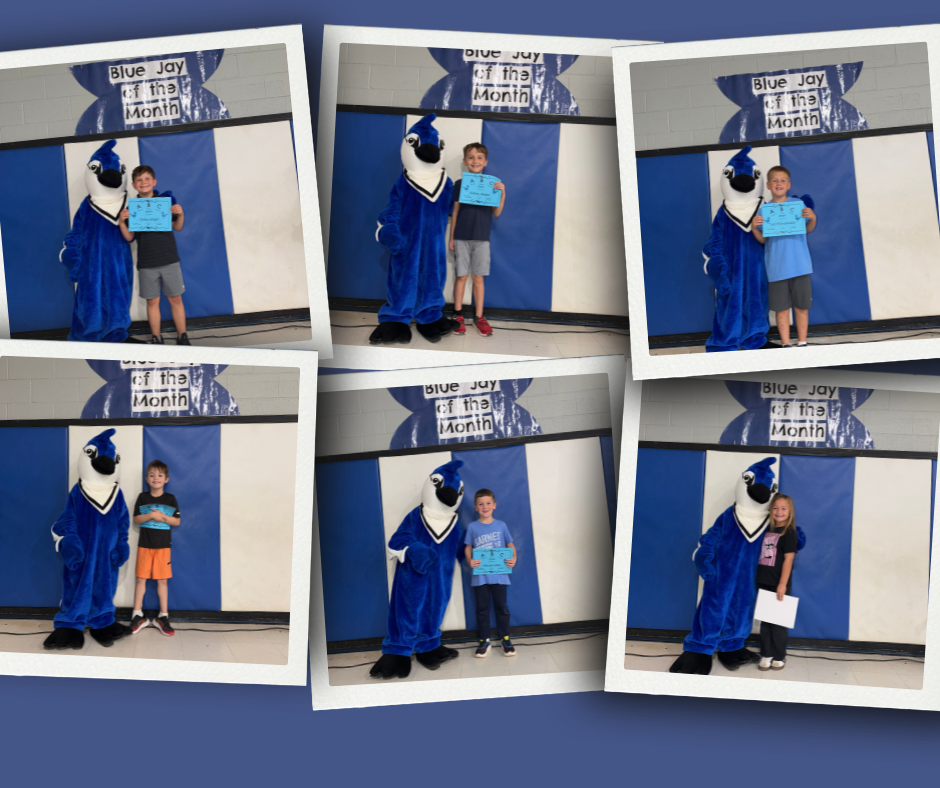 Multiple images of kids with a mascot posing for photos.