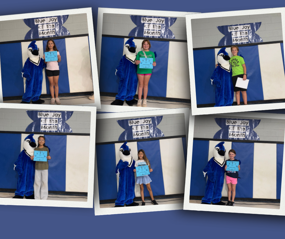 Four collaged photos of students with a mascot; each holding a small blue sign.