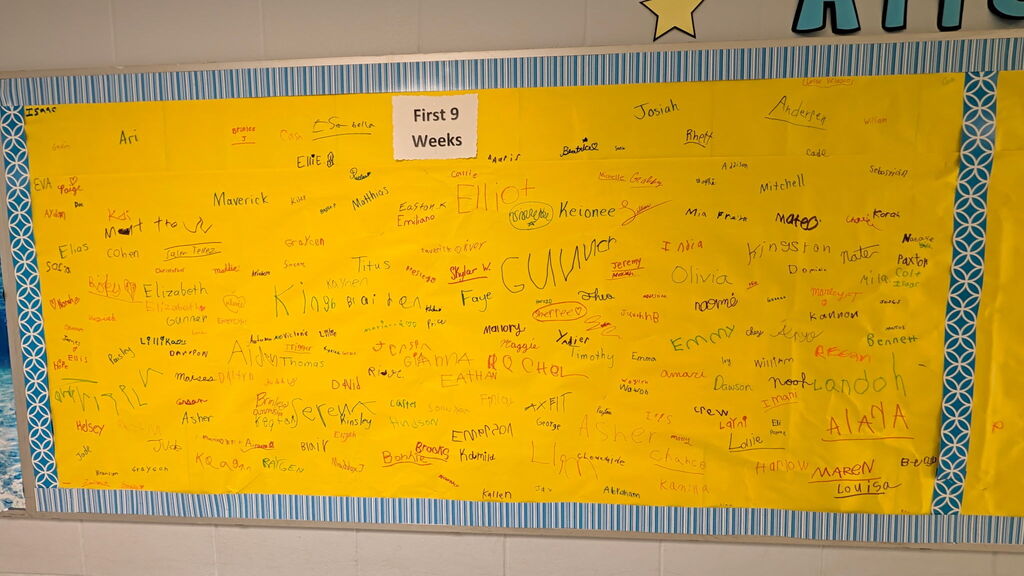 Signatures are shown on the Attendance All Star Board of students who missed 0 or just 1 day of school.