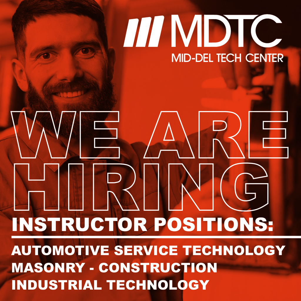 an image stating that we are hiring and listing the following instructor positions: automotive service technology, masonry/construction, and industrial technology