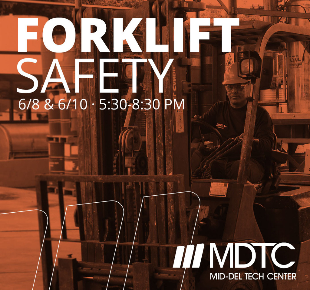 Image of a man on a forklift with text reflecting a Forklift Safety course