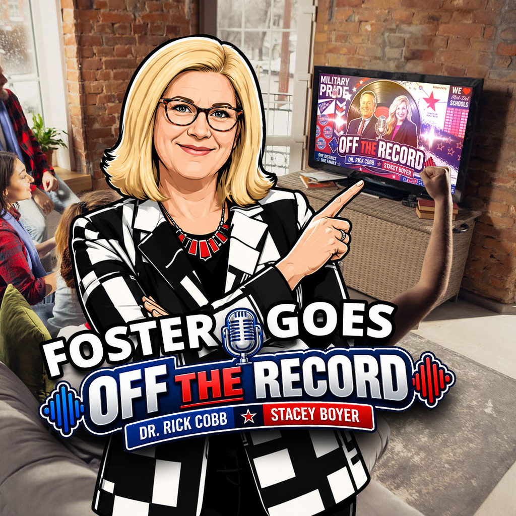 an animated picture of Becki Foster with the Foster goes "Off the Record" podcast