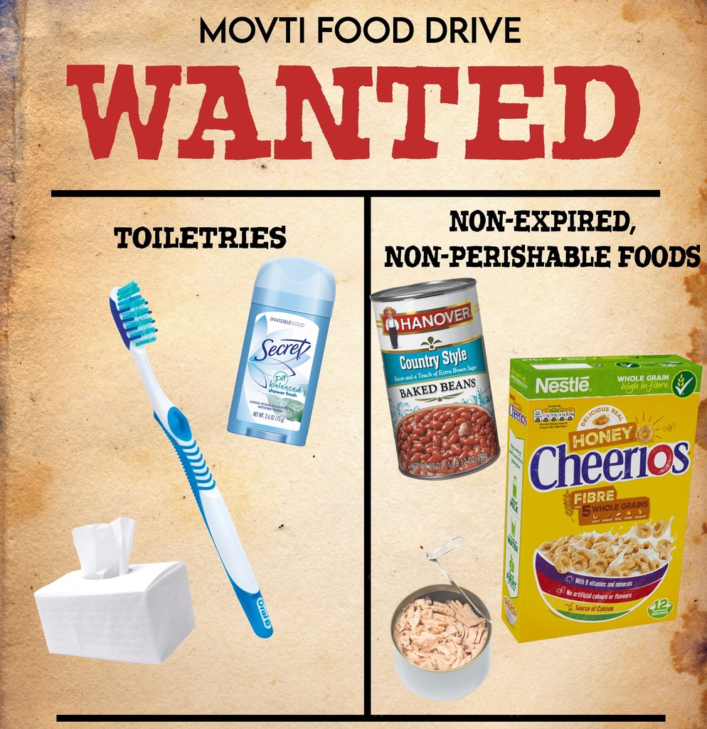 flyer for movti food drive. wanted toiletries, non-expired, non-perishable foods