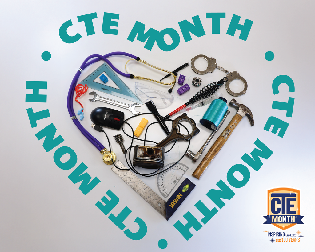 CTE Month graphic  with tools from programs