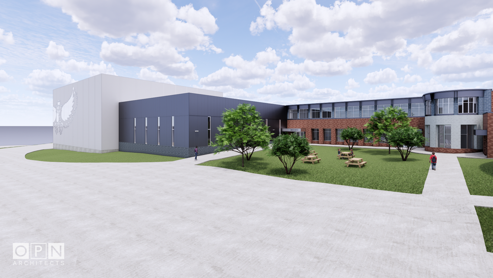 rendering of the proposed auditorium with a courtyard in the front