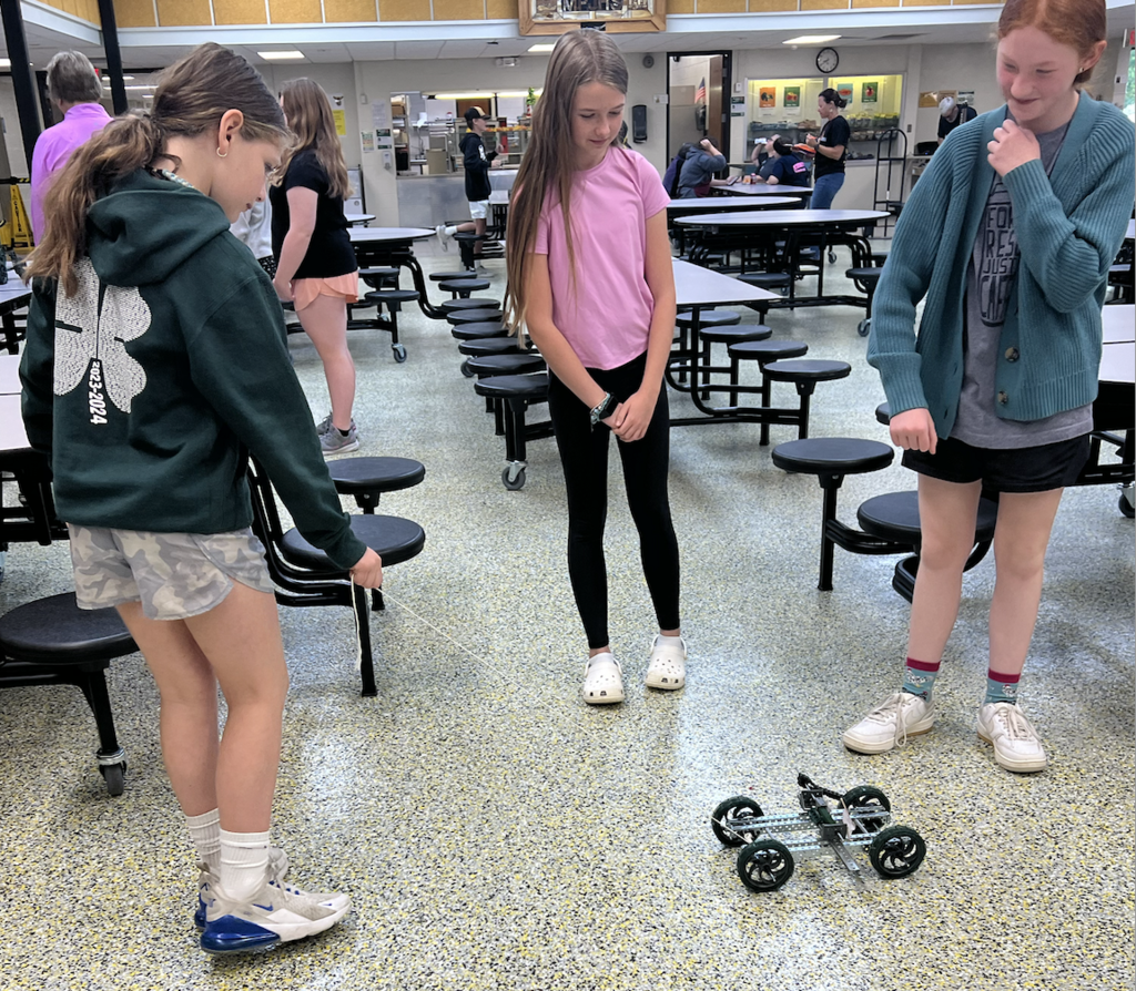 Students demonstrating pull toy project