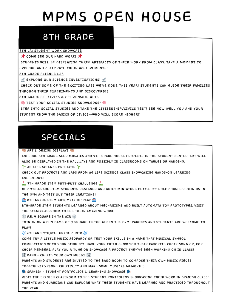 8th grade and specials activities