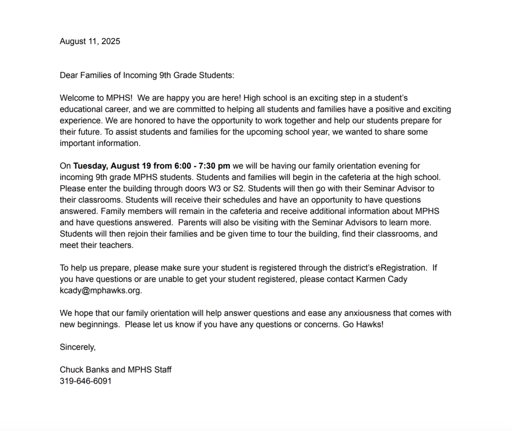 MPHS 2025 9th Grade Orientation Info Letter