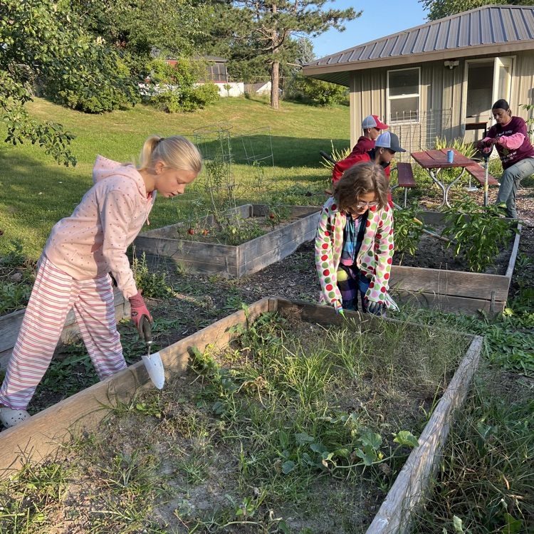 students working in the garden