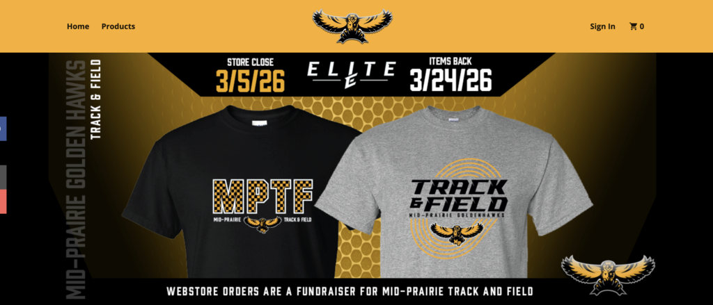Mid-Prairie Track & Field Webstore closes 3/5 items back 3/24 WEbstore orders are a fundraiser for Mid-Prairie Track and Field