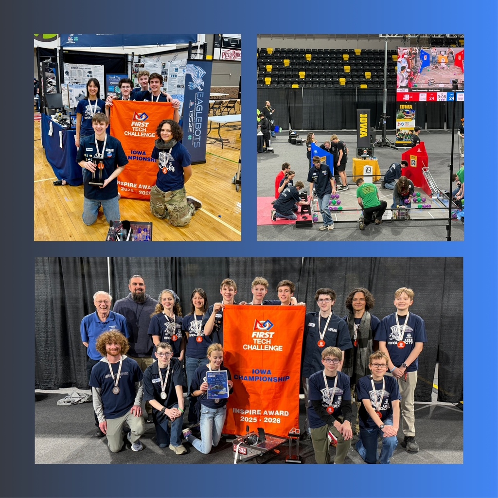 A collage of three photos: top left photo is MP only students with the Iowa Championship Inspire Award banner, top right is team members working together during the competition with their robotics materials, bottom photo is all team members with their robotics project, and the Iowa Championship Inspire Award banner.