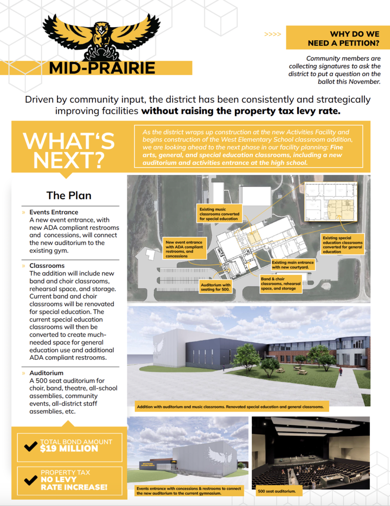 Mid-Prairie petition information to place a question on the November ballot for the next phase of facility improvements at the high school. Will not raise property taxes. Total bond amount $19 million. The plan:  Events entrance, classrooms, auditorium.