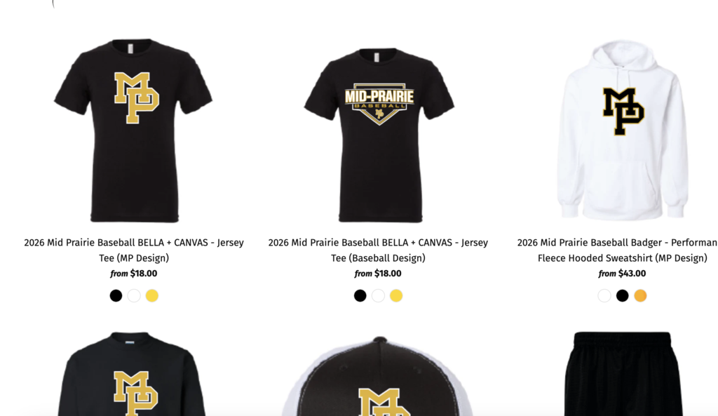 MP Baseball webstore - MP t-shirts, Mid-Prairie Baseball t-shirt, MP sweatshirt order here: https://tshirtmill-ic.com/collections/2026-mid-prairie-baseball