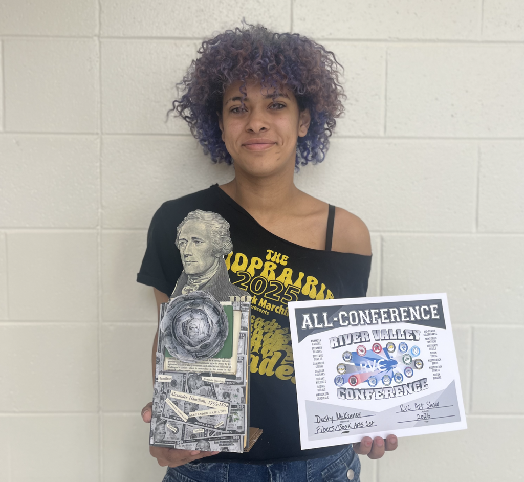 Destiny McKinney and her artwork made of dollar bills and her all-conference award