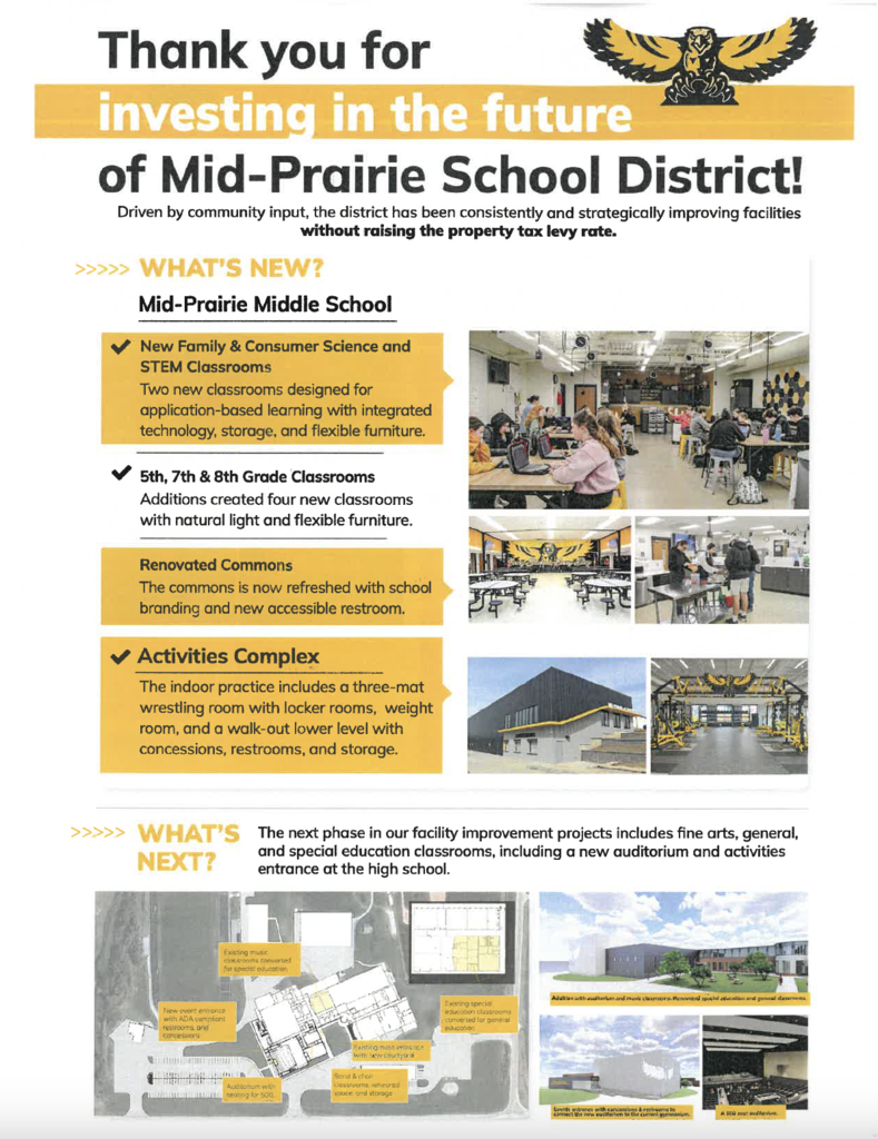 New at the middle school: New FCS and STEM classrooms, 5th, 7th and 8th grade classrooms, and renovated commons. Next phase includes fine arts, general, and special education classrooms, including a new auditorium and activities entrance at the high school.