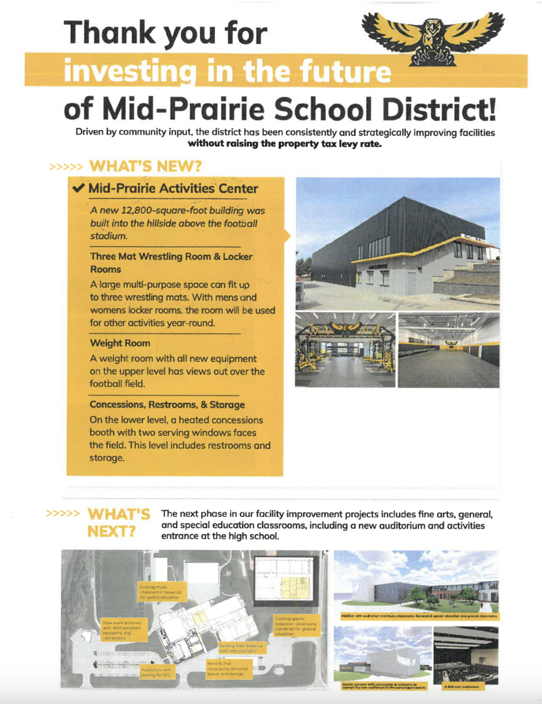 New at the high school: Activities Center with 3 mat wrestling room and locker rooms, new weight room, and new concessions, restrooms and storage.. Next phase includes fine arts, general, and special education classrooms, including a new auditorium and activities entrance at the high school.