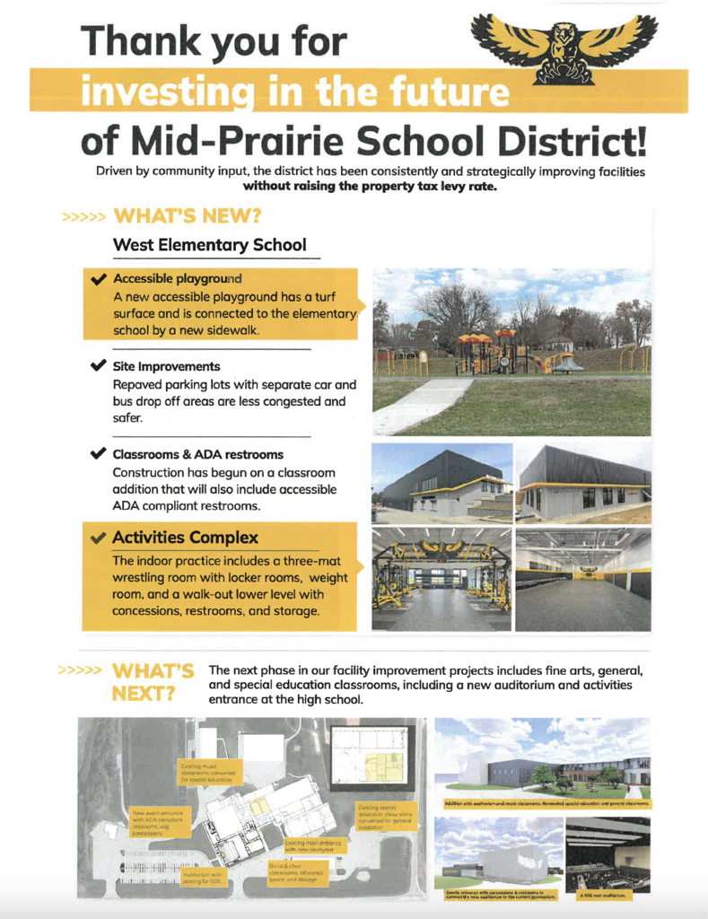 New at West Elementary: accessible playground, improved parking lot, new classrooms and ADA restrooms. Next phase includes fine arts, general, and special education classrooms, including a new auditorium and activities entrance at the high school.