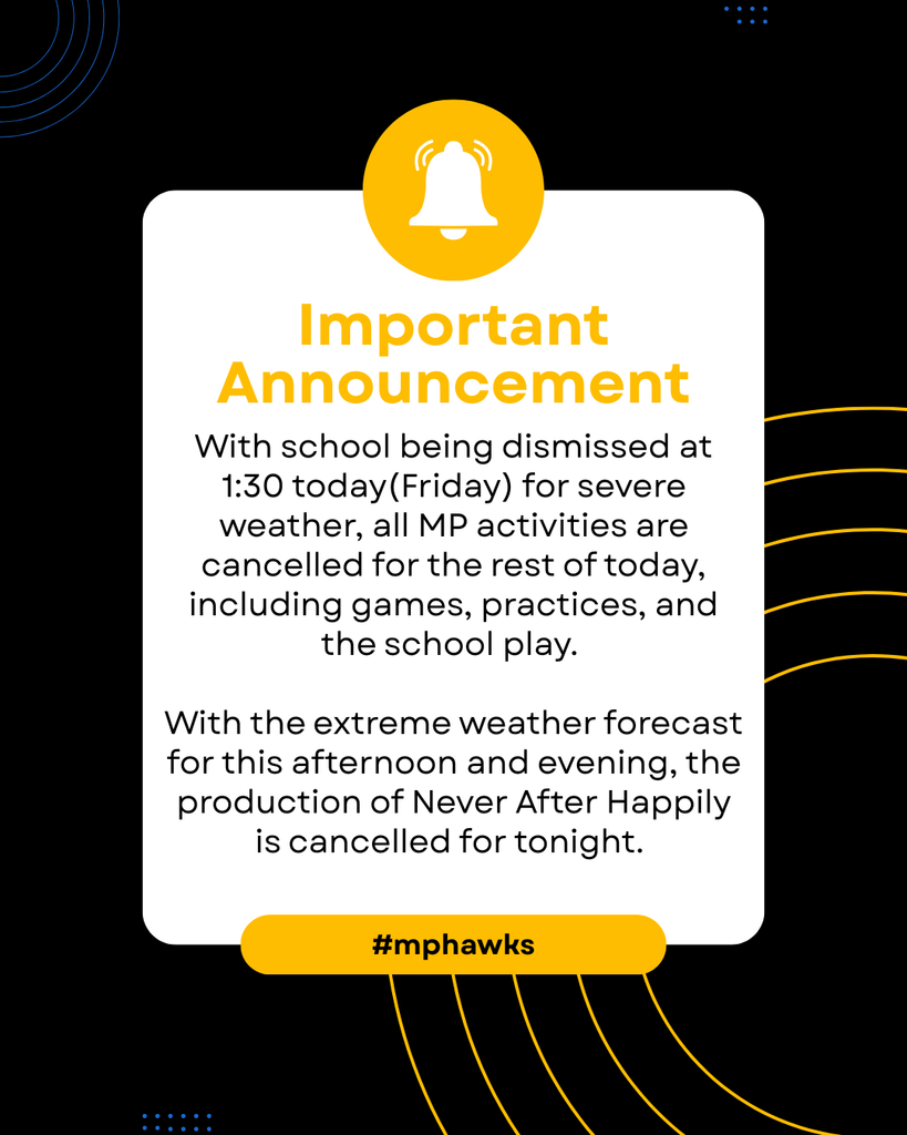 Important Announcement - With school being dismissed at 1:30 today(Friday) for severe weather, all MP activities are cancelled for the rest of today, including games, practices, and the school play.   With the extreme weather forecast for this afternoon and evening, the production of Never After Happily is cancelled for tonight. #mphawks