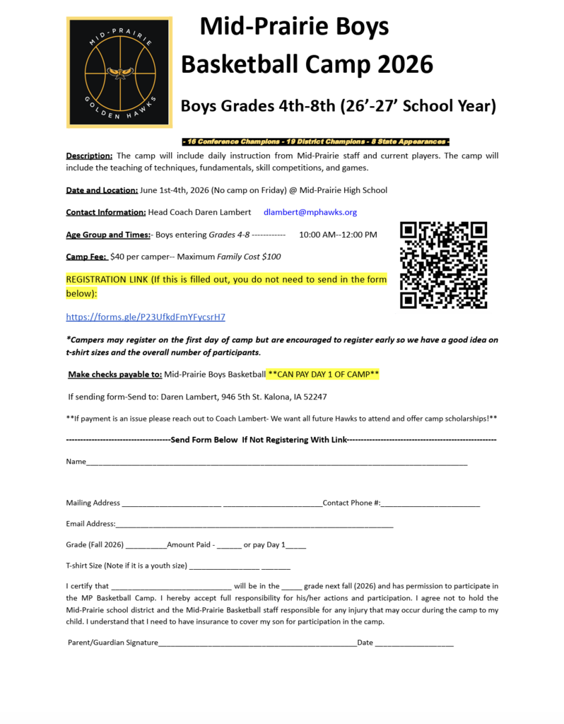 Mid-Prairie Boys Basketball Camp 2026 Boys grades 4th-7th (26-27 year) June 1st-4th at MPHS  from 10am -12 pm $40/player $100 max/family
