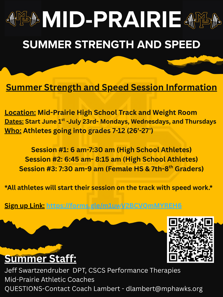 Mid-Prairie summer strength and speed Summer strength and speed session information location: Mid-Prairie high school track and weight room dates: start June 1st-July 23rd Mondays, Wednesdays, and thursdays who: athletes going into grades 7-12 ('26-'27) session #1: 6 am -7:30 am (high school athletes) session #2: 6:45-8:15 am (high school athletes) session #3: 7:30-9 am (female hs & 7th-8th graders) *all athletes will start their session on the track with speed work.* sign up link: https://forms.gle/m1uwV2BCVQmMYREH6 Summe rstaff: Jeff Swartzendruber DPT, CSCS Performance Therapies Mid-Prairei Athletic Coaches Questions Contact Coach Lambert - dlambert@mphawks.org